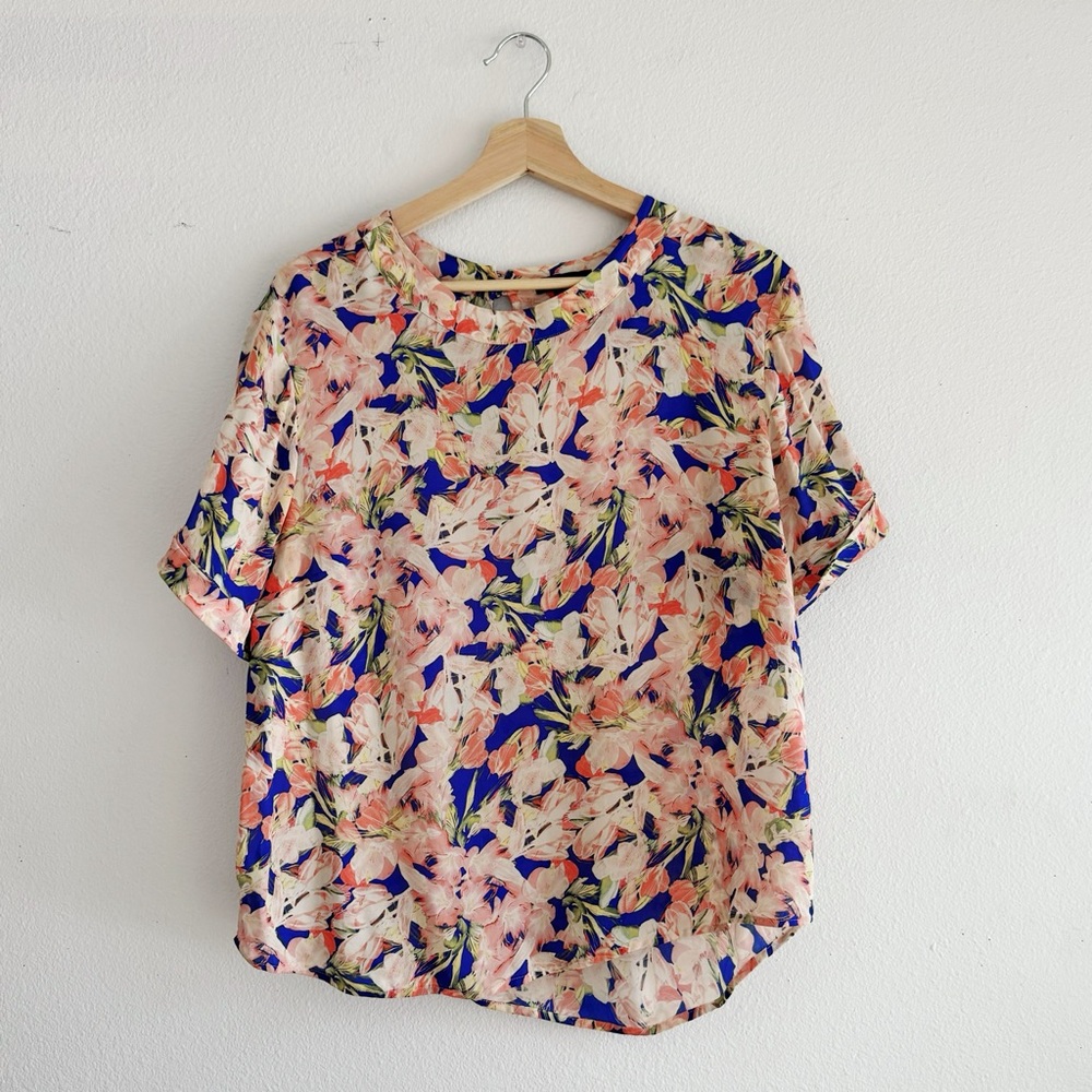 J. Crew Floral 100% Silk Short Sleeve Blouse Keyhole Back